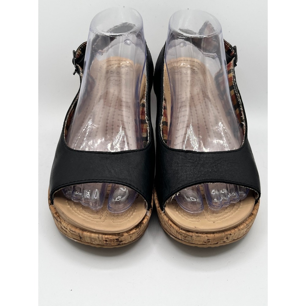 Crocs Leigh Wedge Sandals Women Sz 9 Black Leather Cork Heel Slingback Open Toe